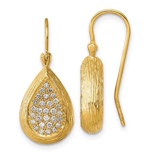 Herco 18K Polished and Textured Diamond Teardrop French Wire Dangle Earrings