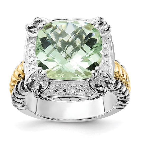 Sterling Silver with 14k Accent Polished and Antiqued Green Quartz Ring