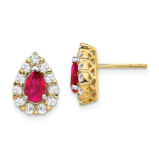 Pear Gemstone and Diamond Halo Post Earrings Ruby