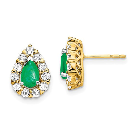 Pear Gemstone and Diamond Halo Post Earrings Emerald