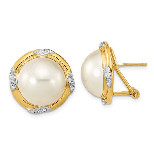 14K 13-14mm White Saltwater Mabe Pearl .16ct Dia. Omega Back Earrings
