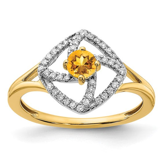 14k Polished Diamond and Citrine Square Ring