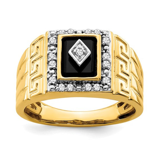 14k Onyx and Diamond Greek Key Design Mens Ring