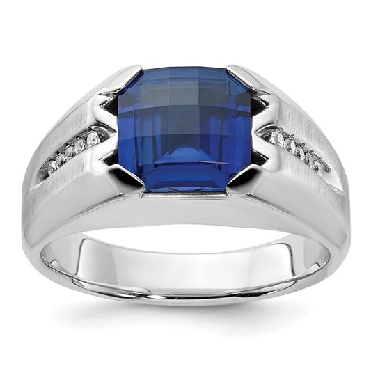 14k White Gold IBGoodman Men's Created Sapphire and 1/20 carat Diamond Complete Ring