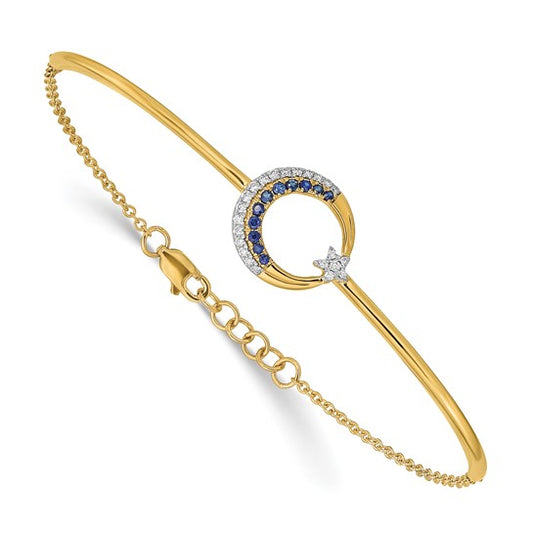 14k Diamond and Sapphire Moon and Star 7in with .5in ext Bar Bracelet