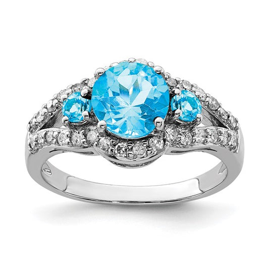 Sterling Silver Rhodium Blue Topaz and Diam. Ring