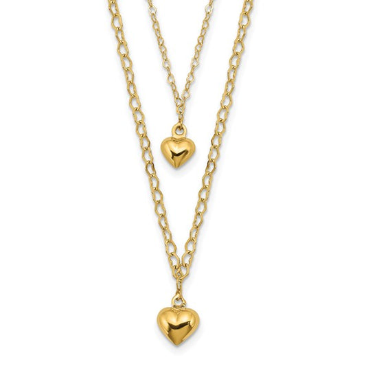 14K Double Layer Heart Link Polished Hearts 2 in ext. Necklac