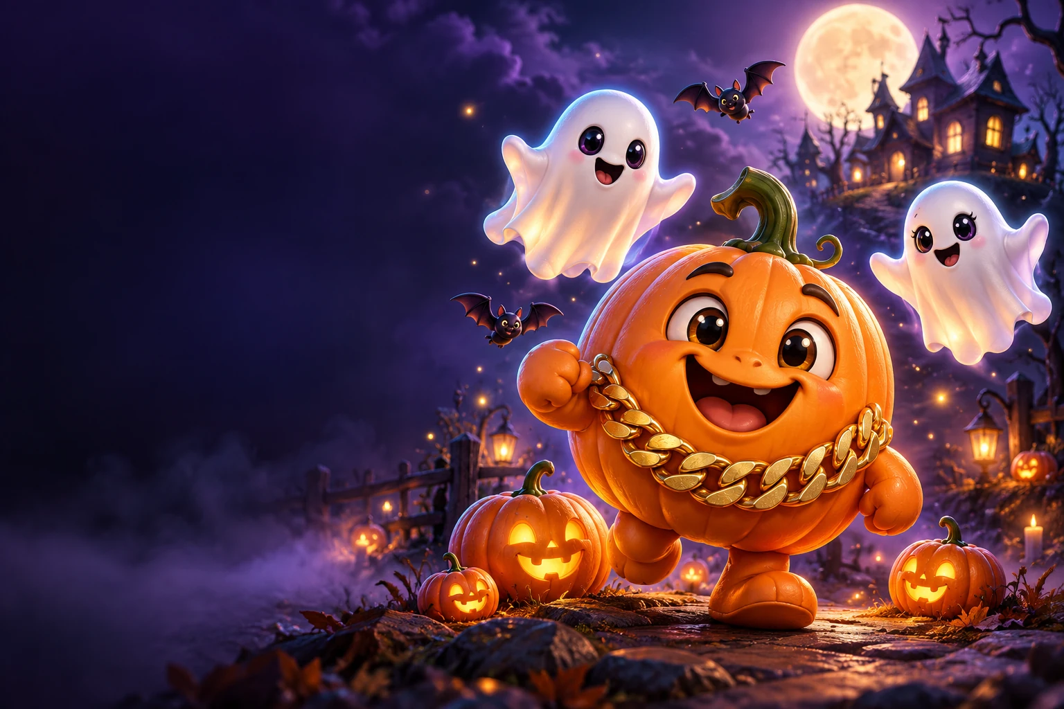 Cute 3D Halloween pumpkin wearing a gold Cuban chain with friendly ghosts and colorful moonlight